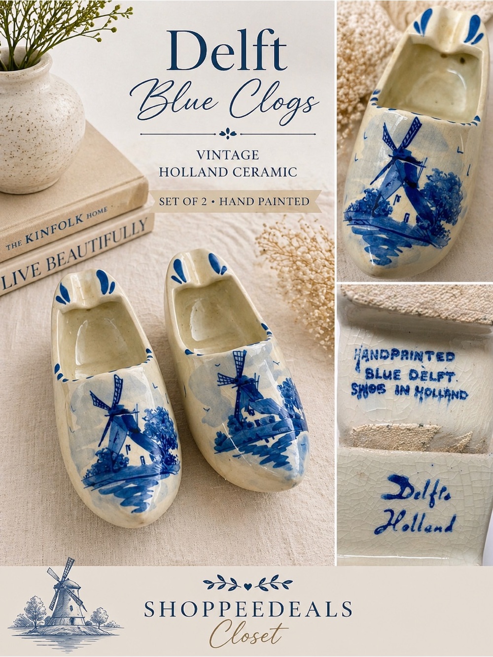 Delft Blue Hand-Painted Dutch Clog Shoes Mini Planters / Ashtrays Holland